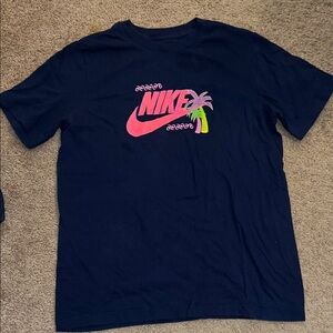 Nike Palm Tree Graphic Tee Navy Pink Swoosh Tropical Logo Youth XL